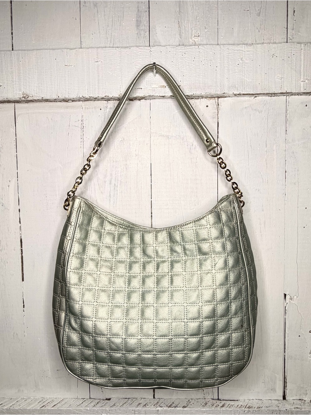 Antonio Melani Metallic Sage Green Quilted Hobo Shoulder Bag
